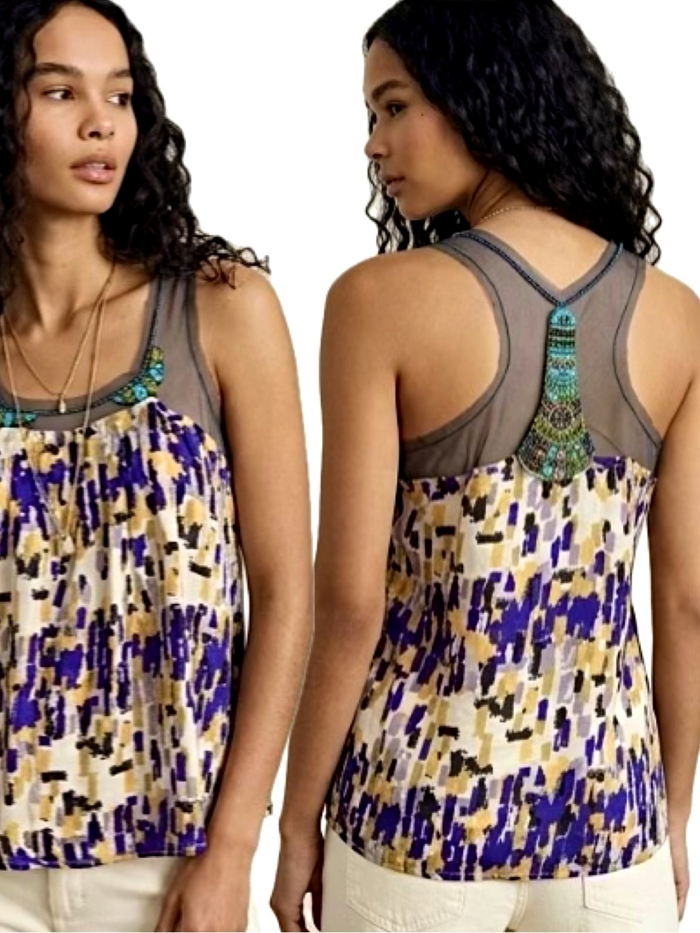 Solemio Silk Beaded Racerback Tank Top Womens Size M Sheer Mesh Geometric Boho
